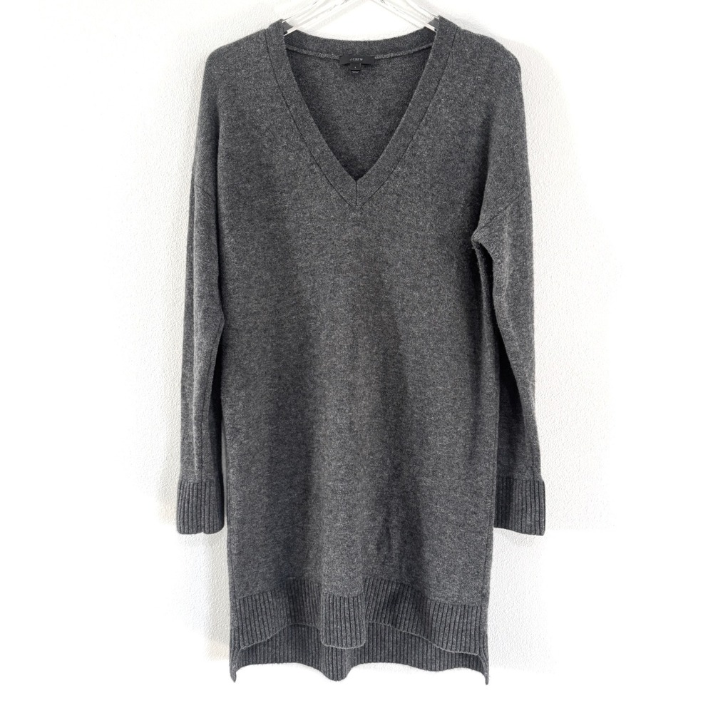 J Crew Heather Charcoal Grey V-Neck Knit Tunic Sweater Dress